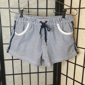 Andrew Christian blue pin stripe swim trunks